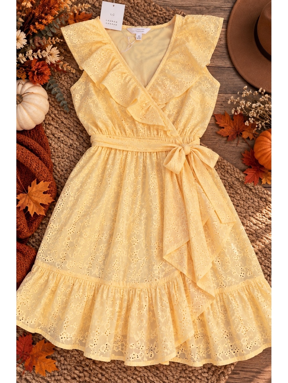 NWT LC Lauren Conrad XS Yellow Eyelet Ruffle Faux Wrap Tie Waist Dress